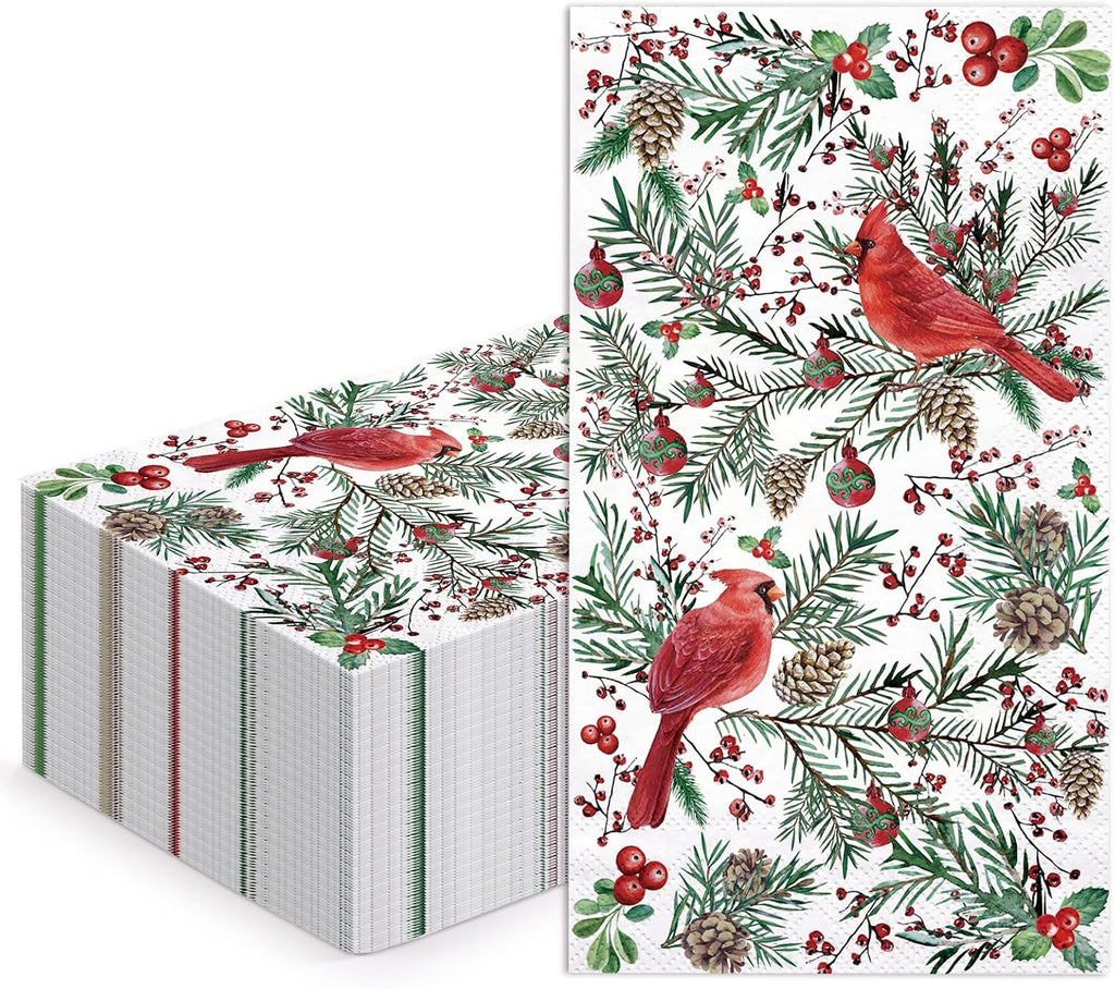 WRAPAHOLIC 50Pcs Christmas Paper Napkins - 3 Ply Cardinal Bird Pinecone Guest Disposable Hand Towels for Bathroom, Christmas, Holiday, Party Celebration - 4.3 x 7.9 In