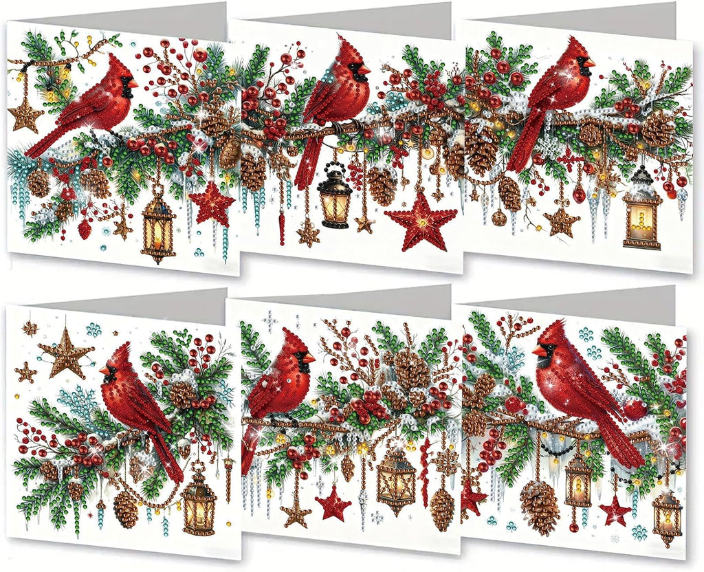 6Pcs Christmas Greeting Card DIY Diamond Art Painting Greeting Cards Blessing Folding Card Kit with White Envelopes Diamond Arts Crafts for Birthday Festival Gift-Cardinal
