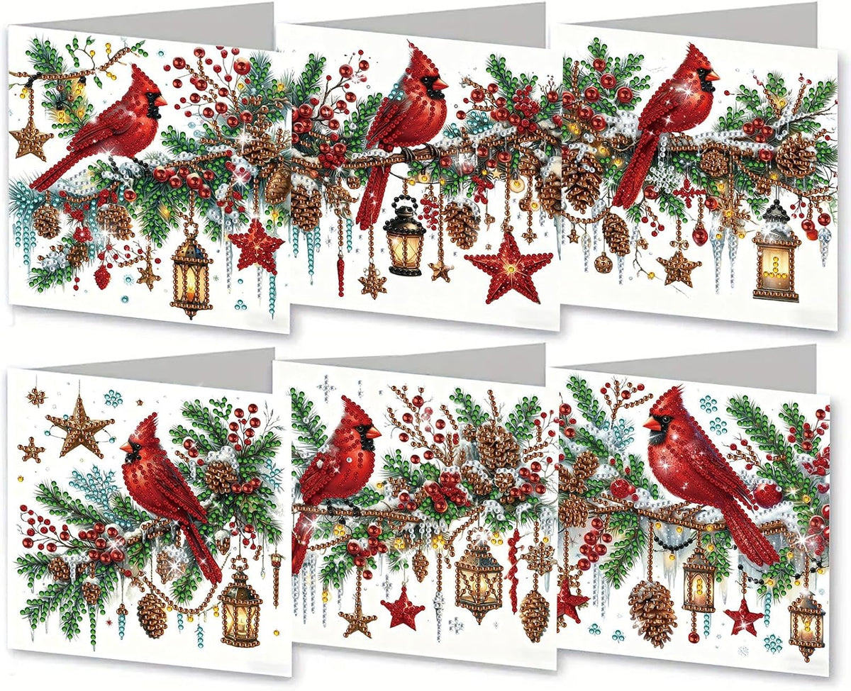 6Pcs Christmas Greeting Card DIY Diamond Art Painting Greeting Cards Blessing Folding Card Kit with White Envelopes Diamond Arts Crafts for Birthday Festival Gift-Cardinal