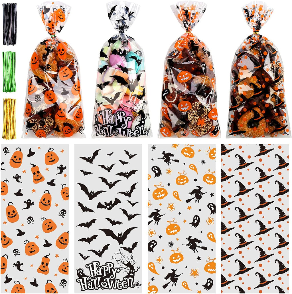 STEFORD Halloween Cellophane Bags,180 PCS Halloween Clear Cellophane Candy Gift Treat Bags for Party Favors Supplies
