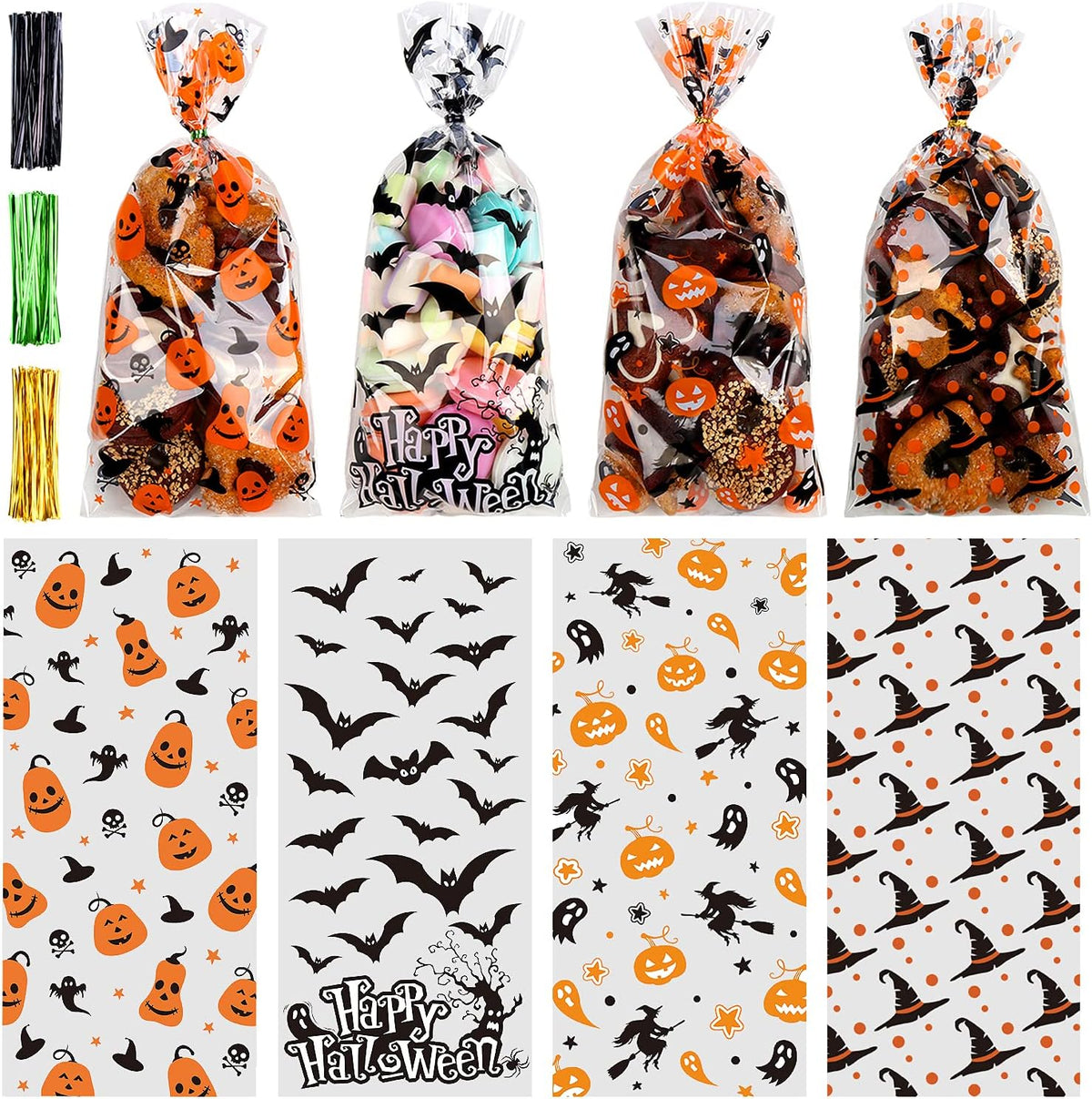STEFORD Halloween Cellophane Bags,180 PCS Halloween Clear Cellophane Candy Gift Treat Bags for Party Favors Supplies