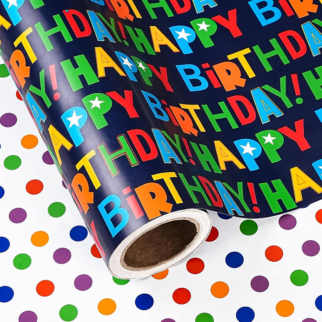 WRAPAHOLIC Reversible Birthday Wrapping Paper Roll - Mini Roll - 17 Inch x 10 Feet - Colorful Happy Birthday Wrapping Paper with Polka Dots Design for Boys Girls Kids, Baby Shower, Holiday, Party