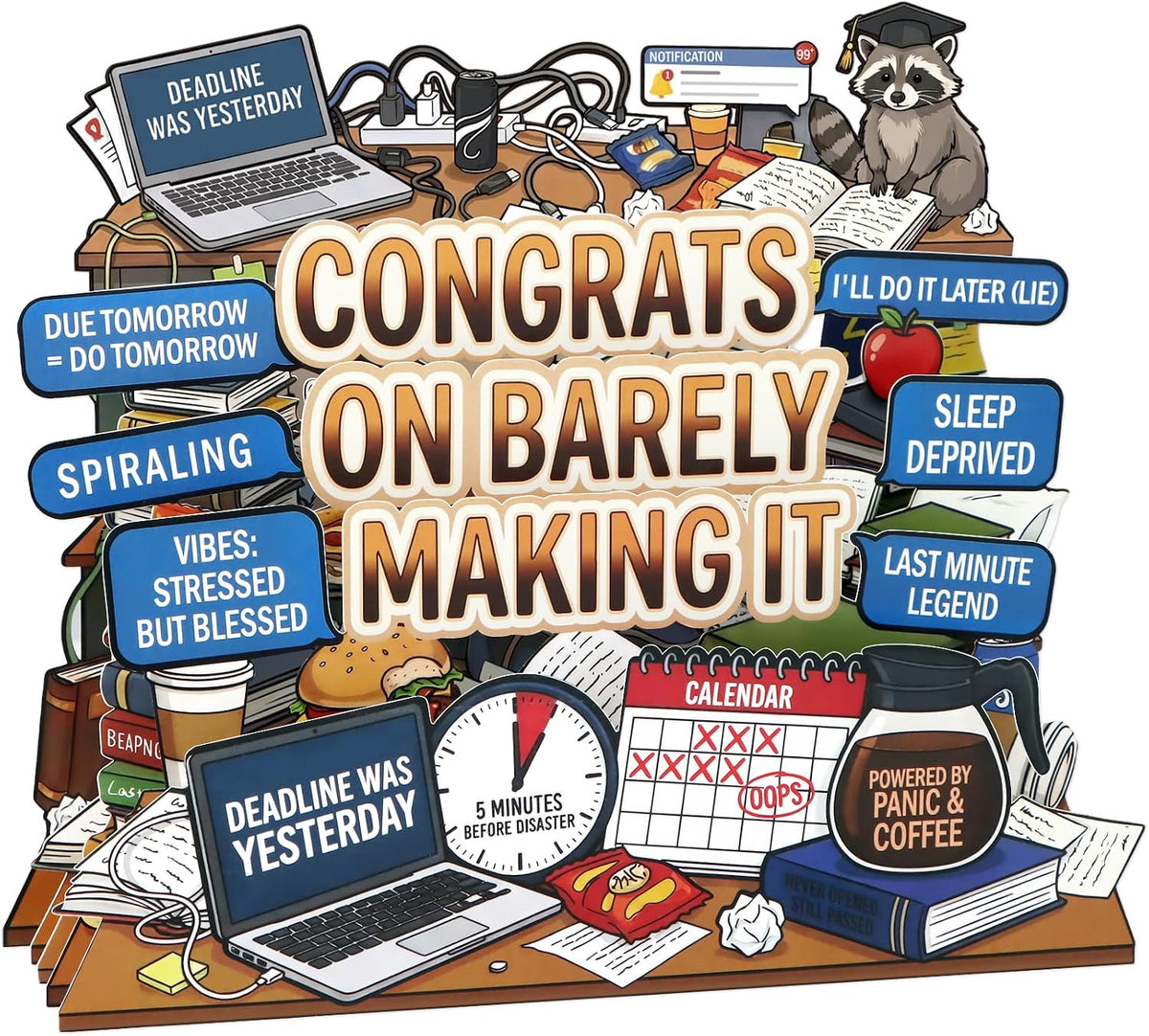 D4DREAM Funny College Graduation Gifts - MeMe Congrats on Barely Making It, Raccoon, Powered by Panic & Coffee, Pop Up Graduation Card for High School College Graduates, 5-Layer Grad Decor