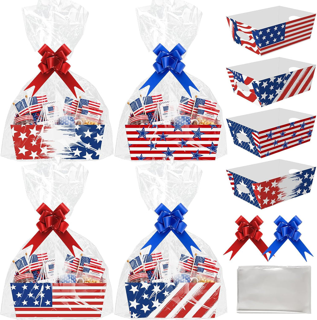 Cinrobiye 12 Pcs Patriotic Gift Baskets Bulk Empty 4th of July American Flag USA Gift Basket Kit with Pull Bows for Independence Day, Memorial Day, Veterans Day, Birthday Party Favors