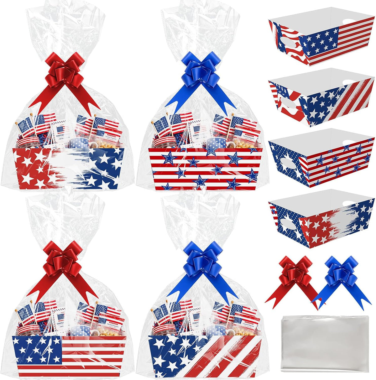 Cinrobiye 12 Pcs Patriotic Gift Baskets Bulk Empty 4th of July American Flag USA Gift Basket Kit with Pull Bows for Independence Day, Memorial Day, Veterans Day, Birthday Party Favors
