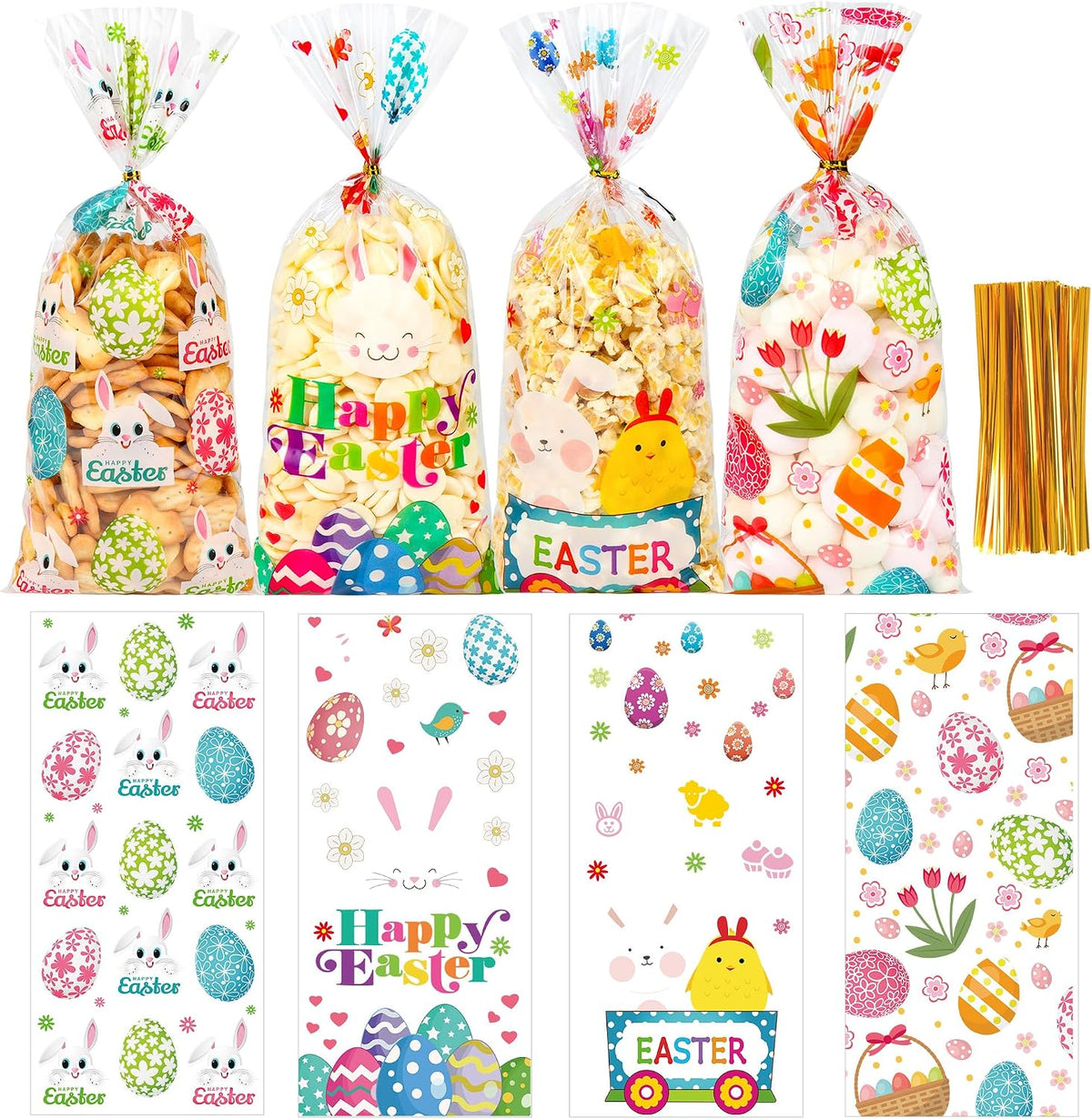100 Pcs Easter Cellophane Treat Bags - 5 x 11 Inch Clear Easter Goodie Bags with 110 Gold Ties for Cookies, Snacks, Party Favors & Gift Packaging, 2.8 Mil Thick Plastic Easter Candy Bag for Kids