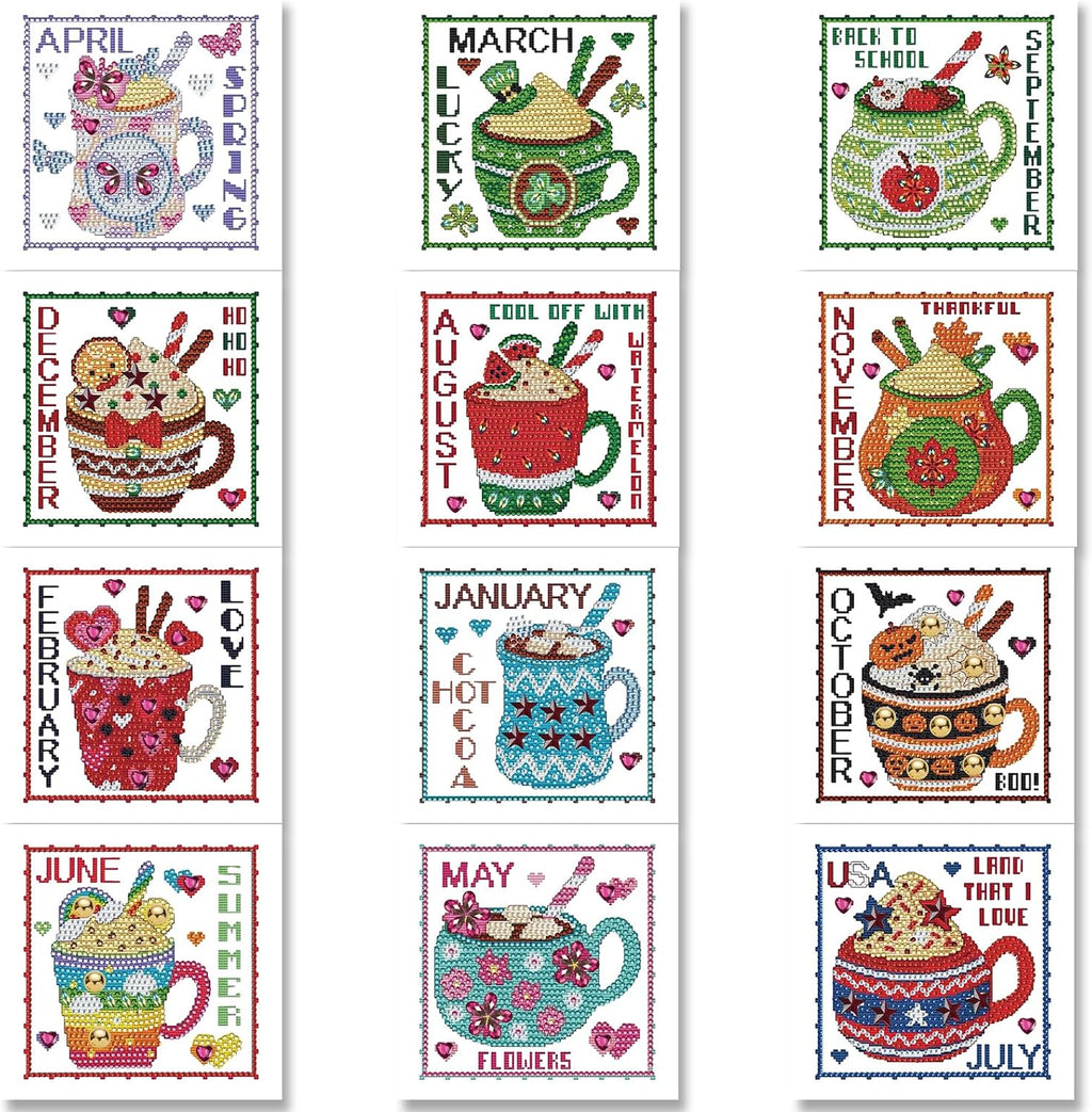 YOKUSHI 12 PCS Monthly Diamond Art Painting Greeting Cards, 12 Month from Jan - Dec Craft DIY Card Making Kits for Adults Gifts (Month)
