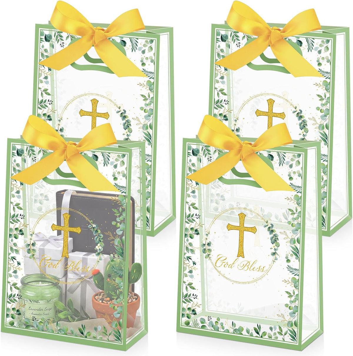 Capoda 24 Pack Baptism Gift Bags with Handles, 10 x 7 x 3 Inch Clear Plastic God Bless Favor Bags, Eucalyptus Cross Religious Party Favors for First Communion, Christening, Confirmation