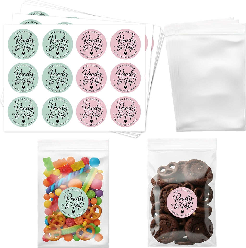 Ready to Pop Baby Shower Favor Bags, 120 Stickers and 120 Clear Treat Bags, 1.6 Inch Blush Pink and Sage Green Popcorn Labels for Boho Baby Shower Decorations