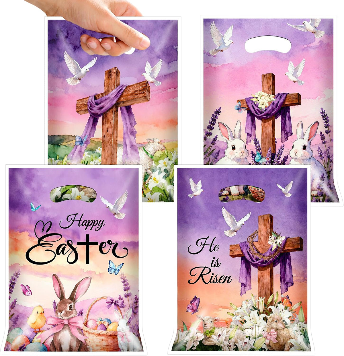 EUVBOKW 100 Pcs Easter Plastic Treat Bags Bulk,He is Risen Christian Goodie Bags and Bunny Party Favor Bags with Handles for Easter Egg Hunt, Church and Gift Wrapping