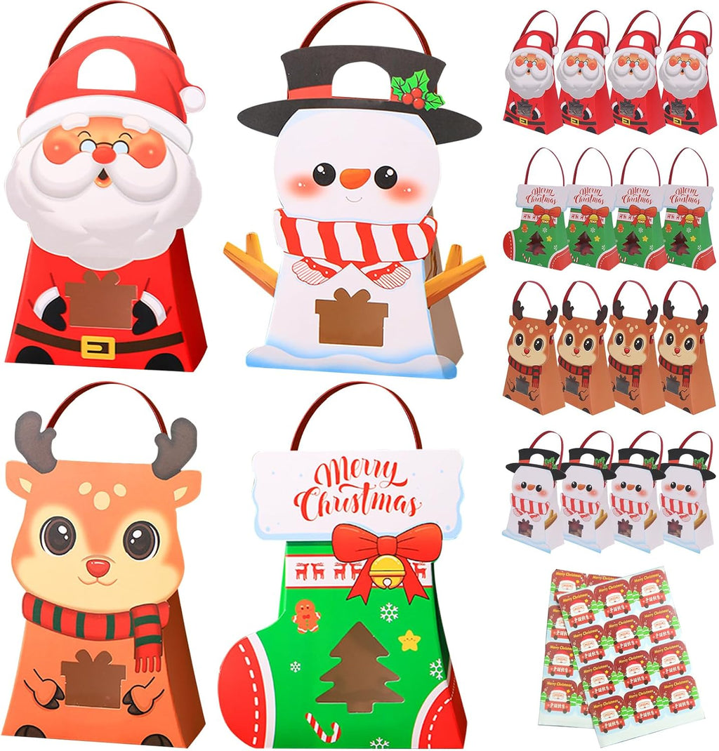CcXxMming 30 PCS Christmas Party Favor Bags for Kids,Christmas Gift Bags with Handles, Paper Candy Boxes with Window,Xmas Goodie Boxes with Stickers for Children Winter Birthday（Medium）