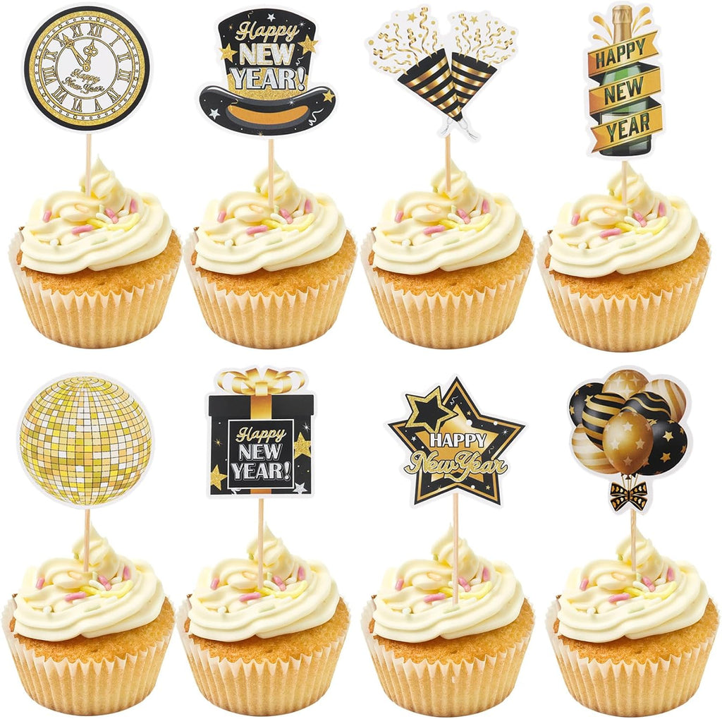 Happy New Year 2027 Cupcake Toppers, 24 PCS Happy New Year Decorations, Black and Gold Cupcake Toppers Cake Decorations Food Picks for New Year's Eve 2027 Party Decoration Supplies, 8 Designs