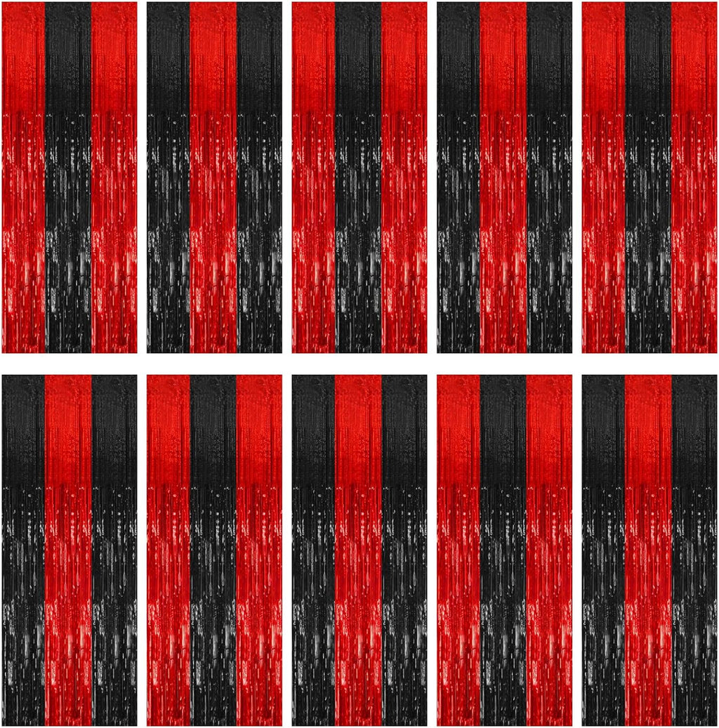 10 Pack Black and Red Party Backdrop Streamers Decorations Foil Fringe Curtains Metallic Tinsel Backdrop for Birthday Halloween Christmas New Year Fancy Ball Graduation Party Decor