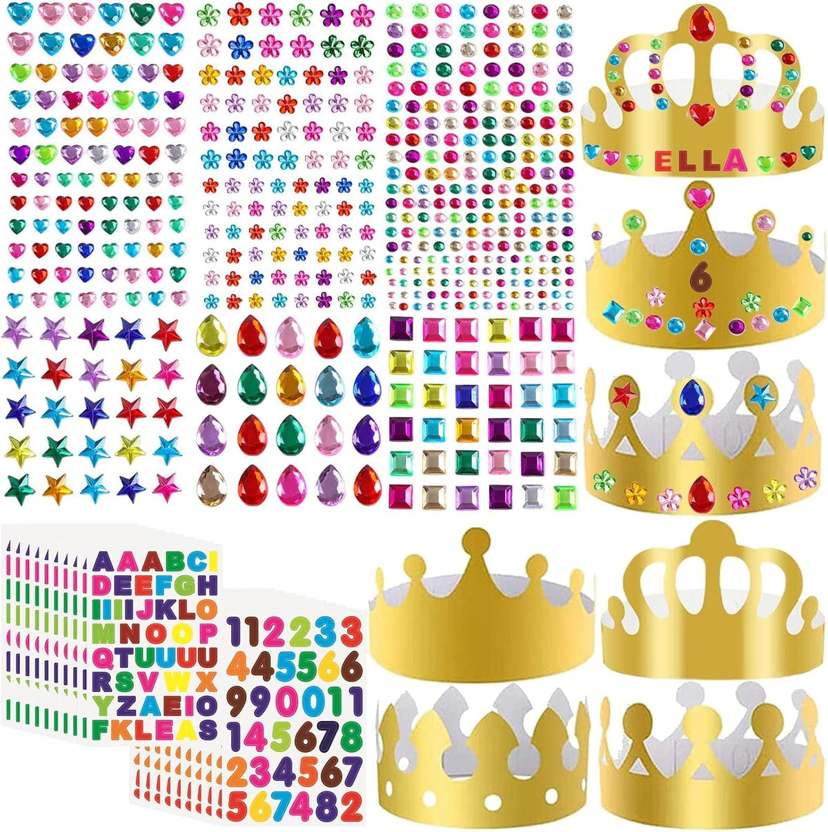 46 Pcs Paper Crowns DIY Party Hats Gold Decorative Crown Supplies with Jewels Gems Stickers for Birthday Party Celebrations