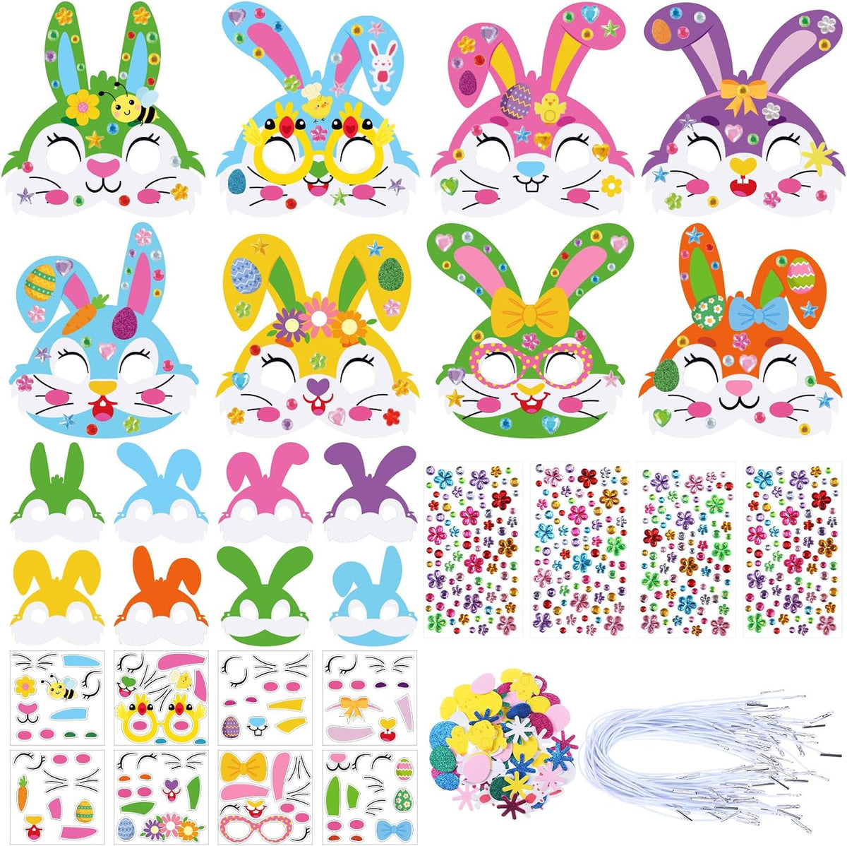 Funrous 48 Sets Crafts Kit Paper Crafts DIY Make Your Own Hanging Ornaments with Pompoms Diamond Stickers for Holiday Classroom Activities Party Favors, Easter Mask