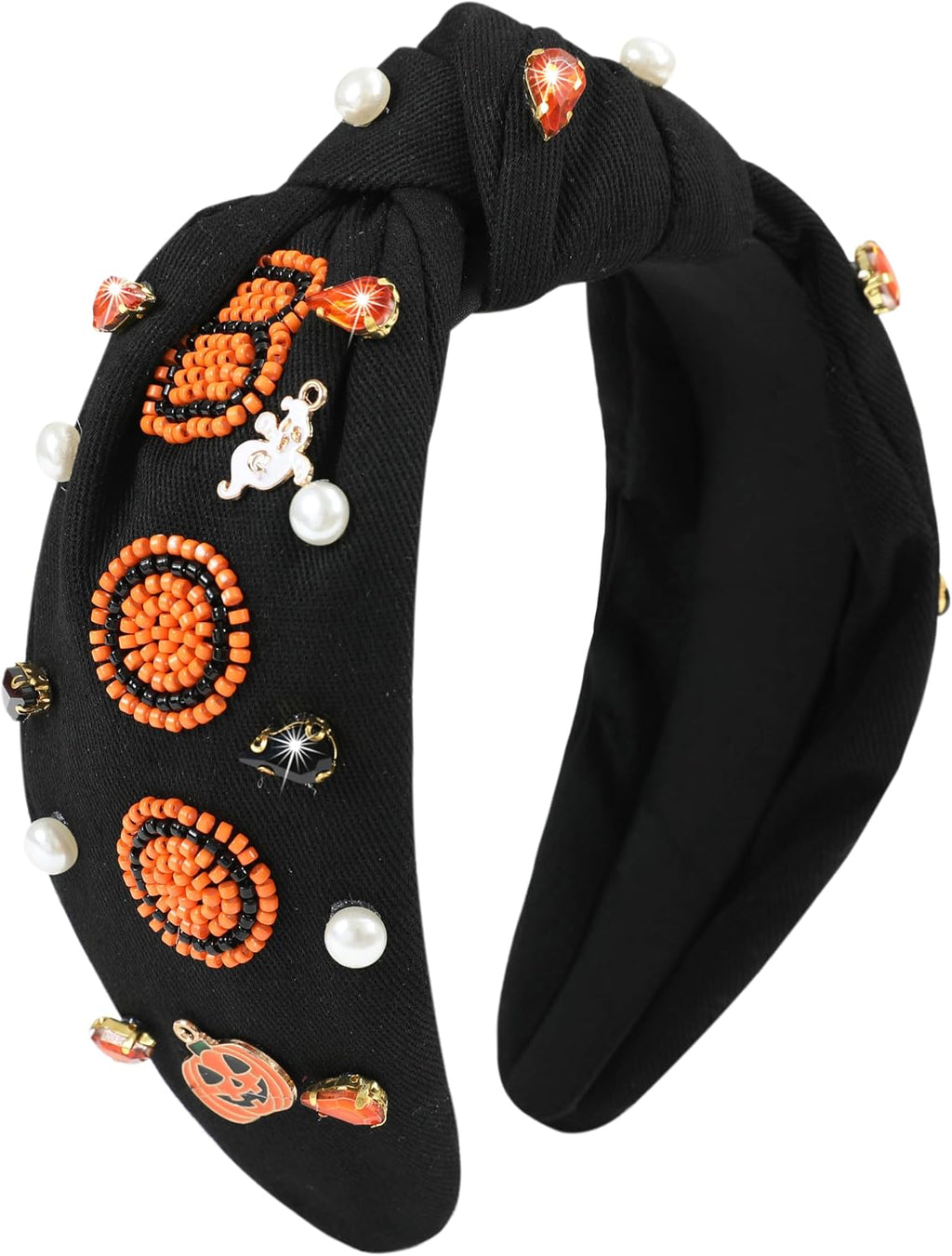 Halloween Boo Headband for Women Crystal Pearl Knotted Hairband Beaded Black Orange Wide Knot Headband for Girls Adult Halloween Pumpkin Ghost Accessories Outfits Gifts