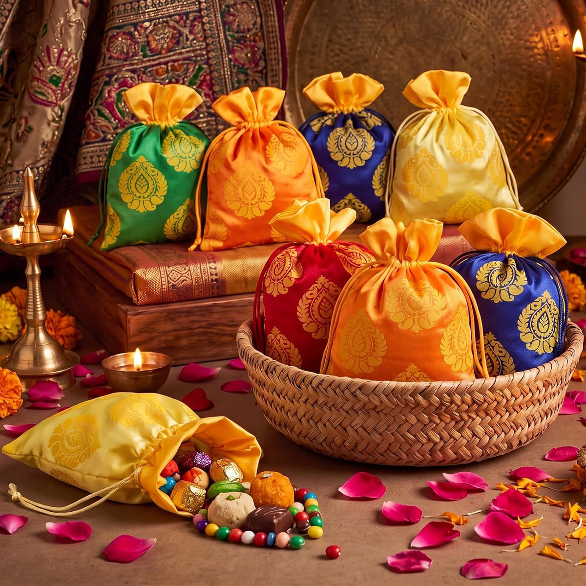 Kacctyen 24 Pcs Indian Return Gift Bags Bulk Traditional Potli Bags for Jewelry 6.7 x 9'' Banyan Leaf Print Fabric Return Gift Pouch with Drawstring for Pooja Diwali Housewarming Wedding Party Favor