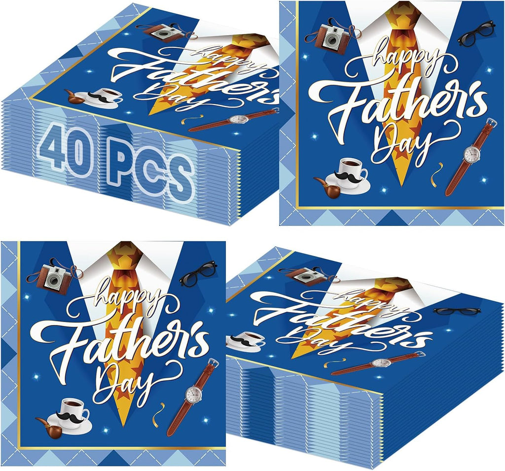 40 Pcs Happy Fathers Day Napkins - 6.5 Inch Blue Father Days Paper Napkins, 3-Ply Disposable Dad Day Cocktail Napkin Hand Towel Set for Happy Father's Day Party Supplies Table Decorations Favors