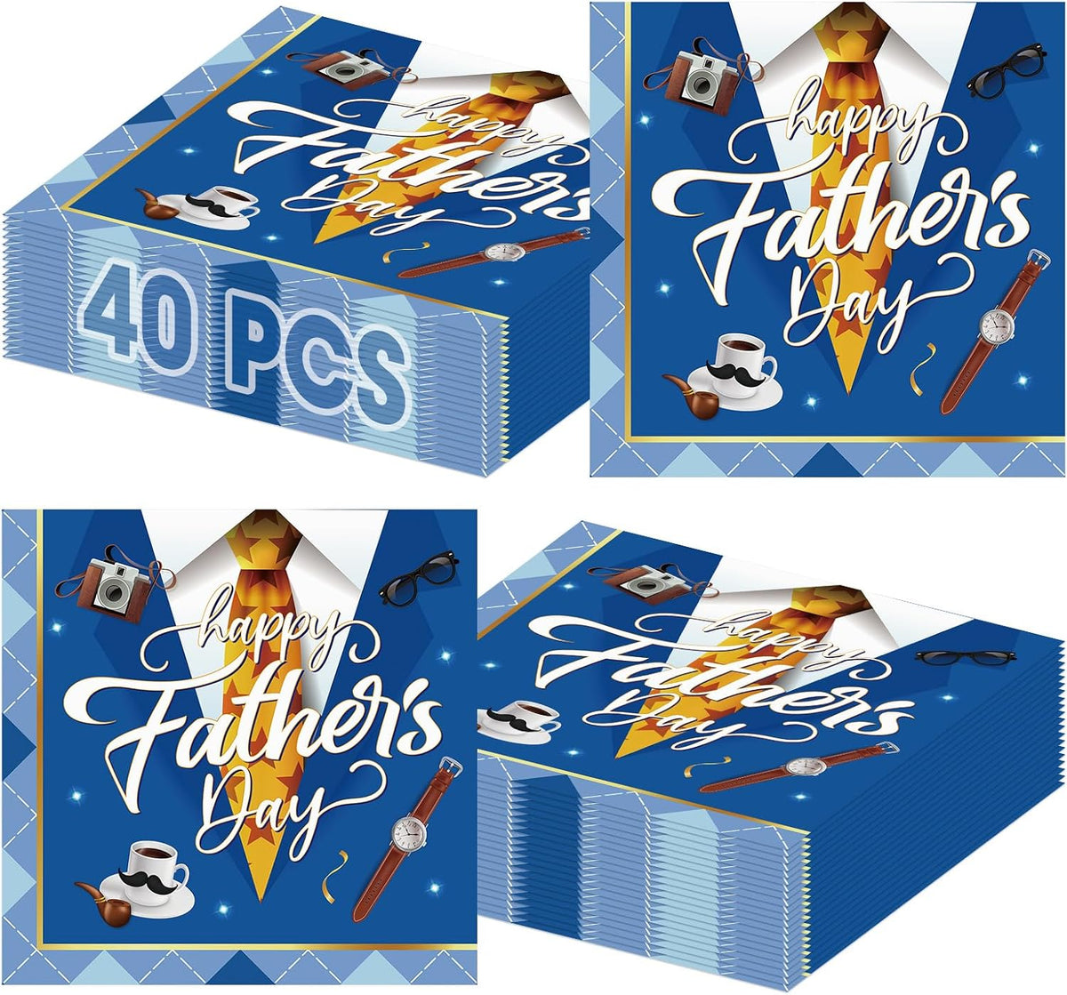 40 Pcs Happy Fathers Day Napkins - 6.5 Inch Blue Father Days Paper Napkins, 3-Ply Disposable Dad Day Cocktail Napkin Hand Towel Set for Happy Father's Day Party Supplies Table Decorations Favors