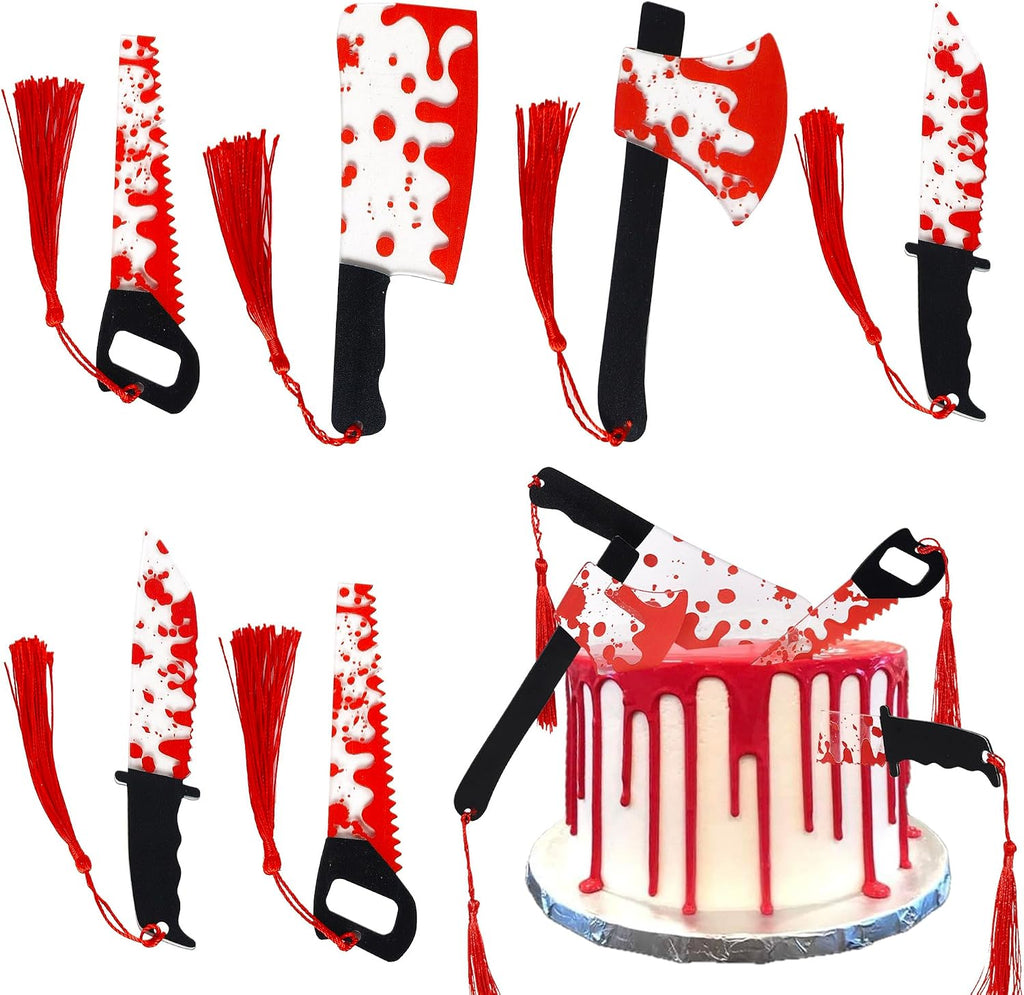 4 PCS Halloween Blood Knife Cake Toppers Acrylic Horror Halloween Cake Decorations Have a Killer Birthday Decorations for Blood Knife Theme Scary Killer Birthday Party Cake Decorations Supplies