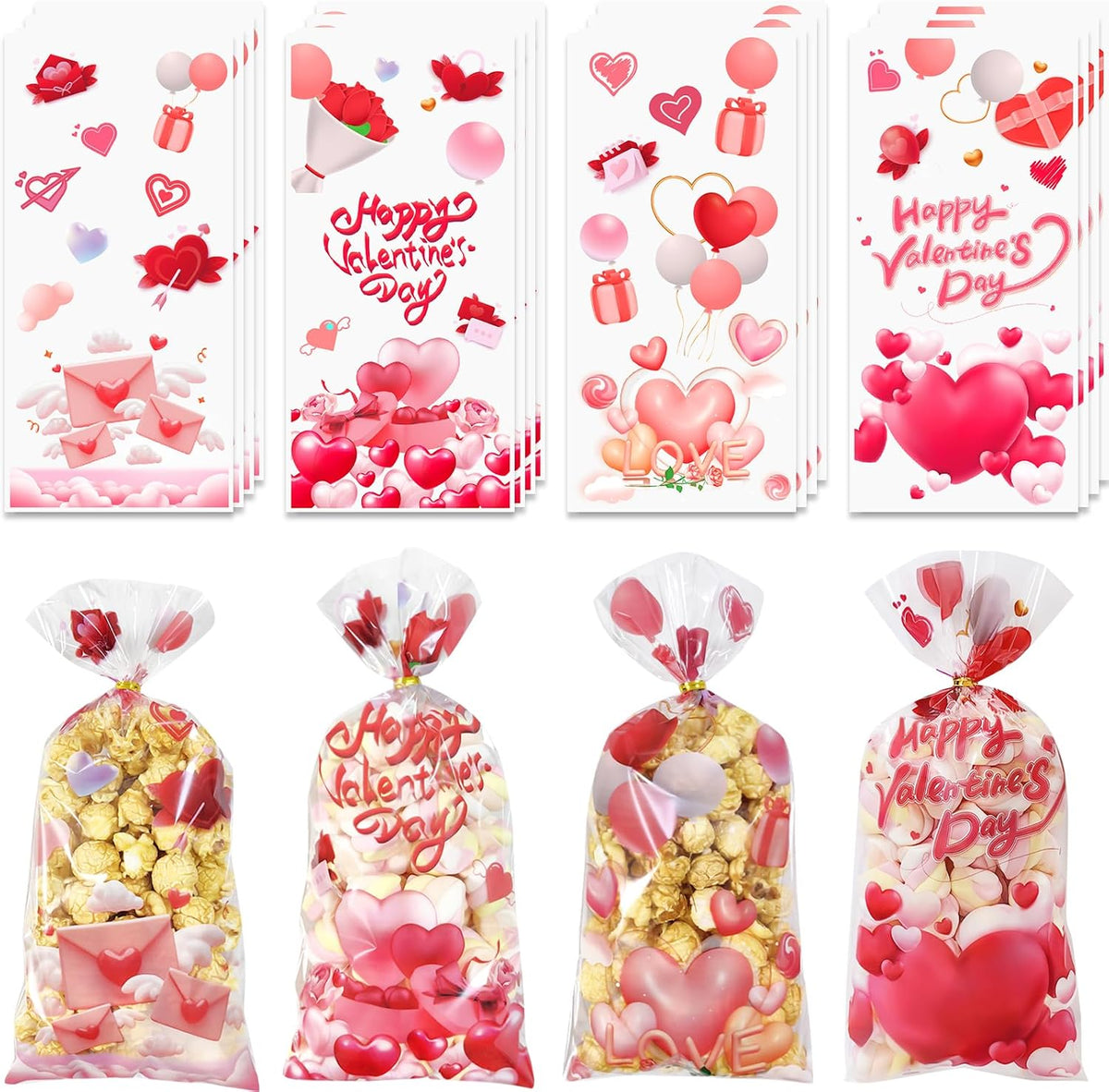 Valentines Goodie Bags, 120Pcs Valentines Treat Bags for Candy Goody Snacks Gifts Packing, Valentines Day Cellophane Bags With 135Pcs Twist Ties for Kids Classroom Party Favors - 4 Lovely Style