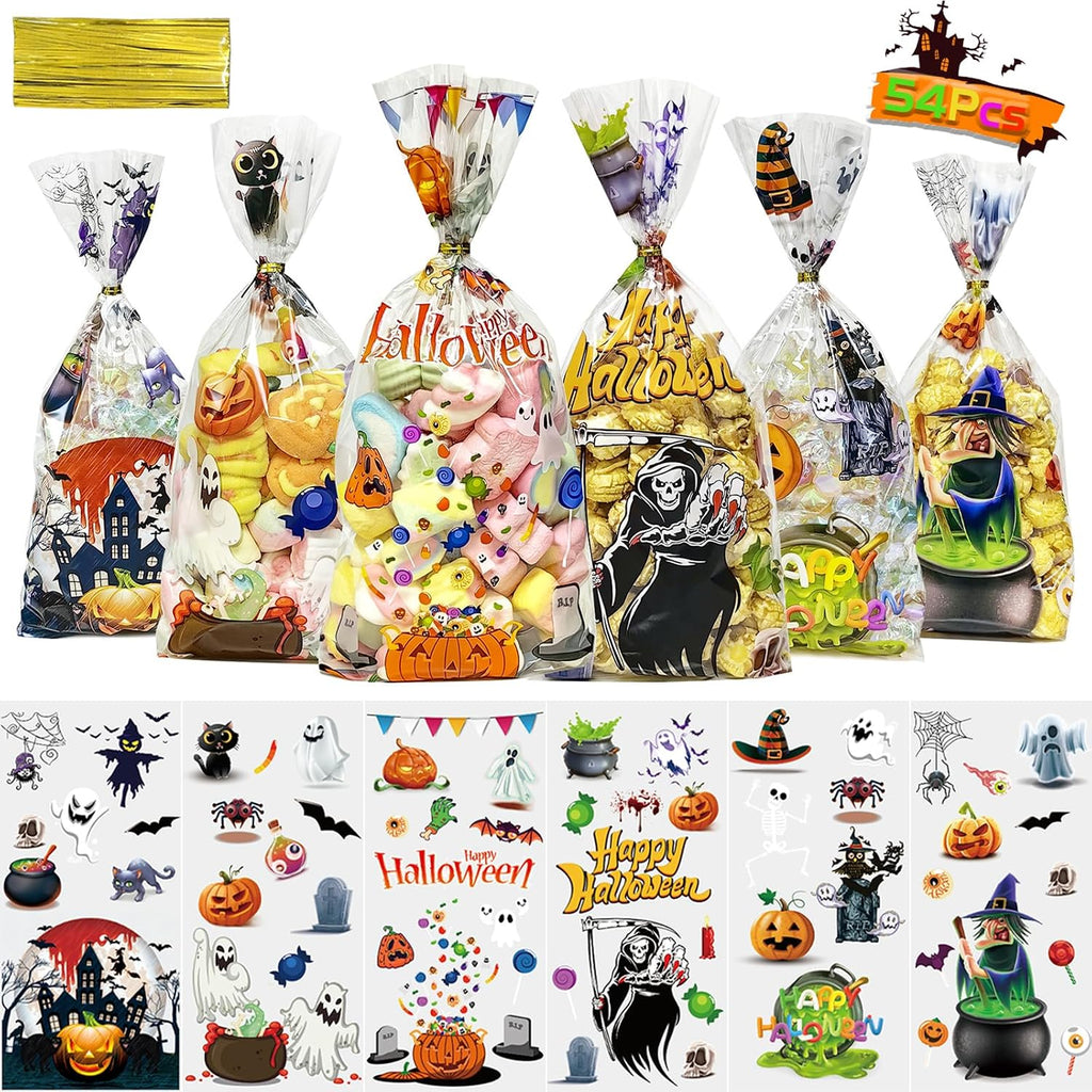 QOIUSO Halloween Cellophane Treat Bags: 54Pcs Clear Halloween Trick or Treat Goodie Bags with 60Pcs Twist for Candy Cookies Gifts Packaing, Kids Party Favor Bags (10.8 * 5.1in)