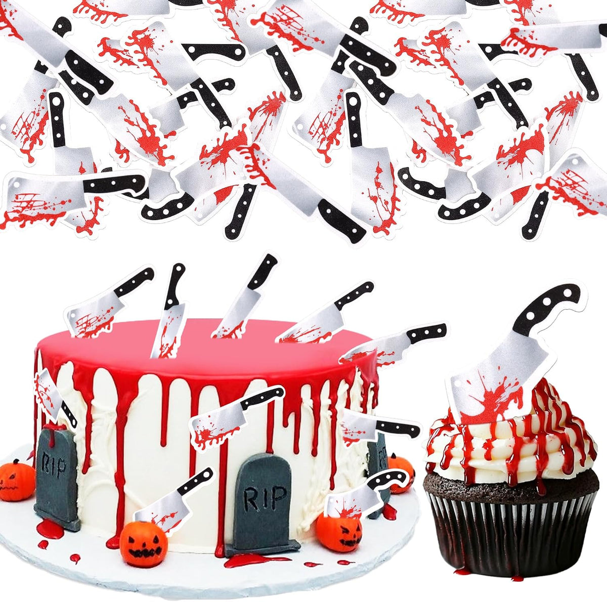 64 PCS Edible Halloween Cupcake Toppers Wafer Paper Horror Blood Knife Cupcake Picks Edible Have a Killer Birthday Cake Decorations for Halloween Blood Knife Theme Killer Birthday Party Supplies
