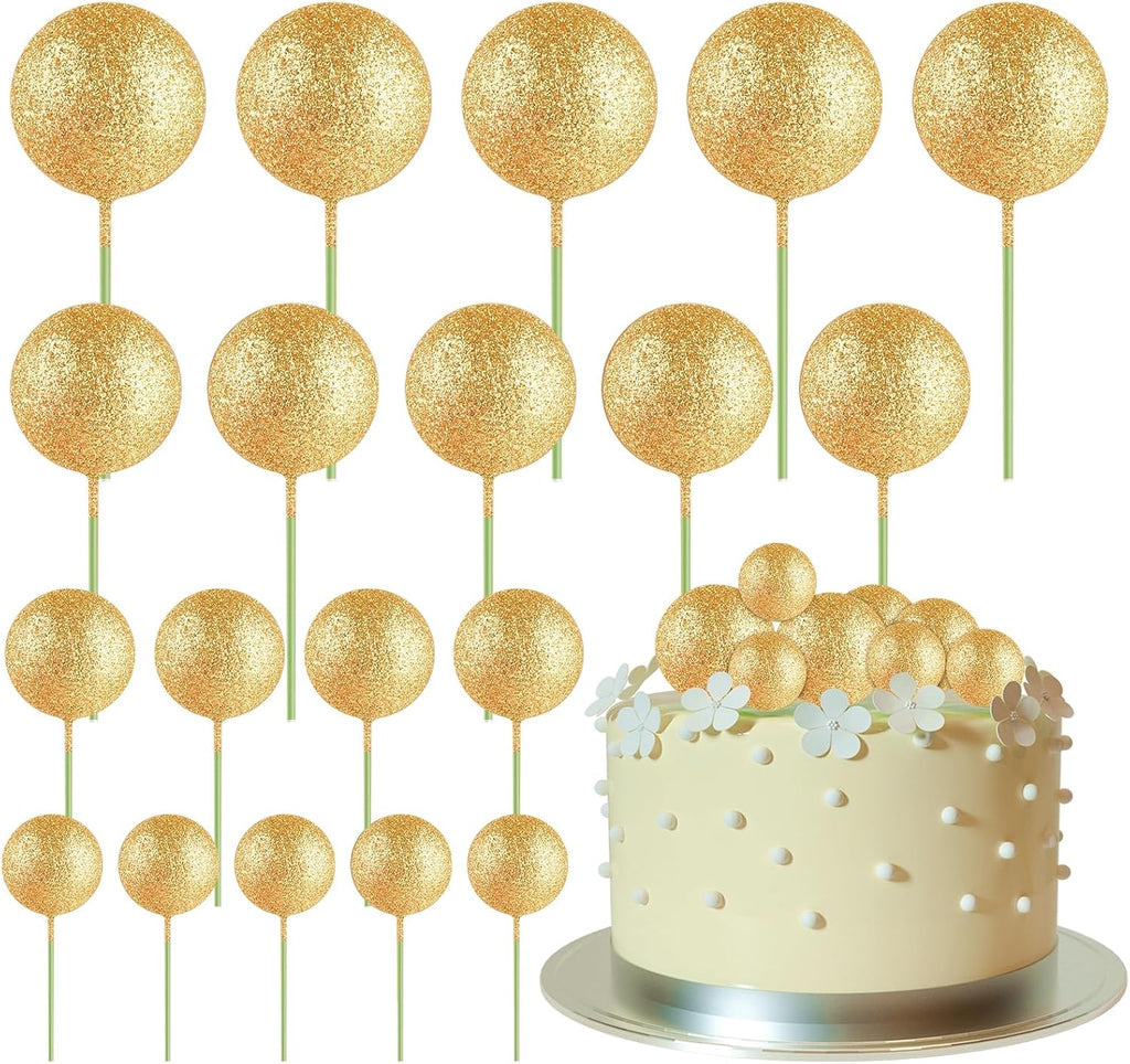 ASTARON 20 Pcs Glitter Gold Balls Cake Topper Decorations for Birthday Cake