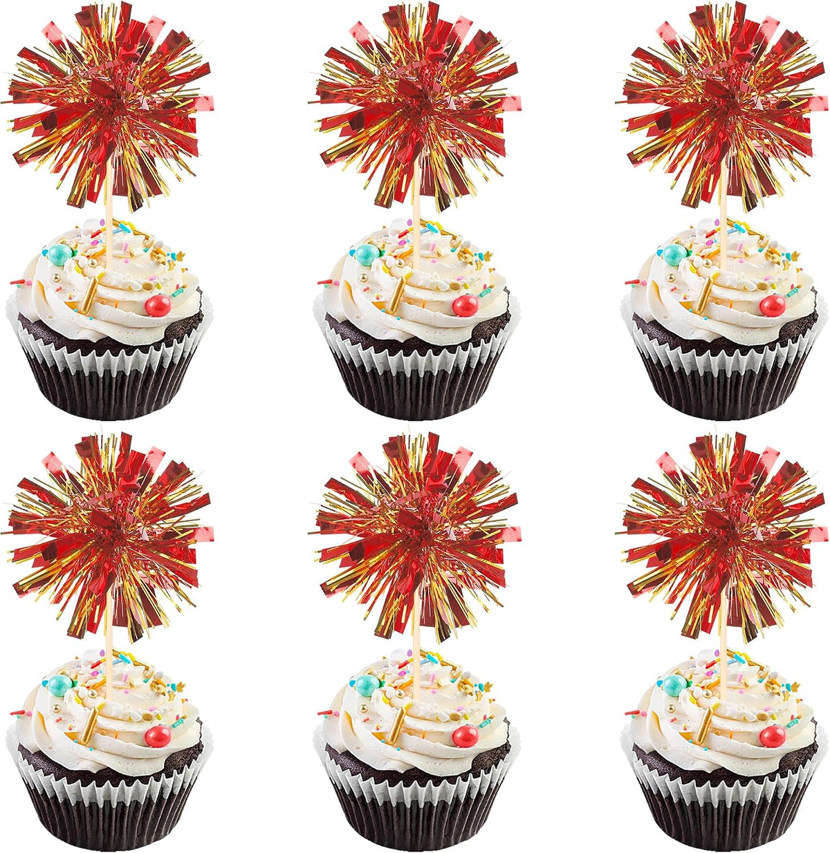 30 PCS Foil Firework Cupcake Toppers Sparkle Tinsel Cupcake Picks Happy Birthday Cake Decorations Drink Stirrers Cocktail Food Fruit Toothpicks for Baby Shower Graduation Party Supplies Red Gold