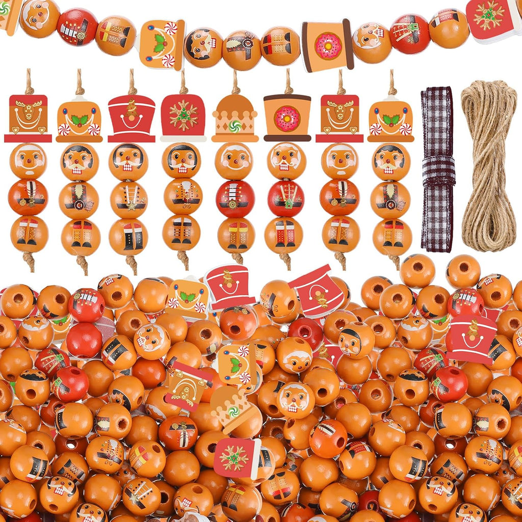 Cinnvoice 240 Pcs Holiday Wood Beads with Twine, Retro