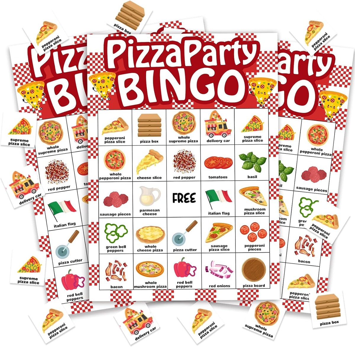 Pizza Bingo Games for Partys, 24 Players Pizza Party Time Bingo Cards, Fun Birthday Party Game for Family, Large Group Holiday Party Activities Supplies