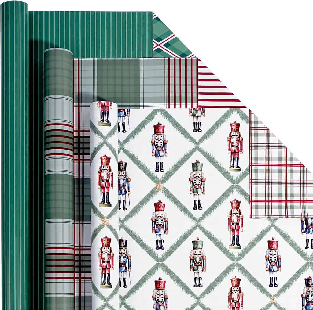 LaRibbons Reversible Plaid Christmas Wrapping Paper Set, Retro Nutcracker