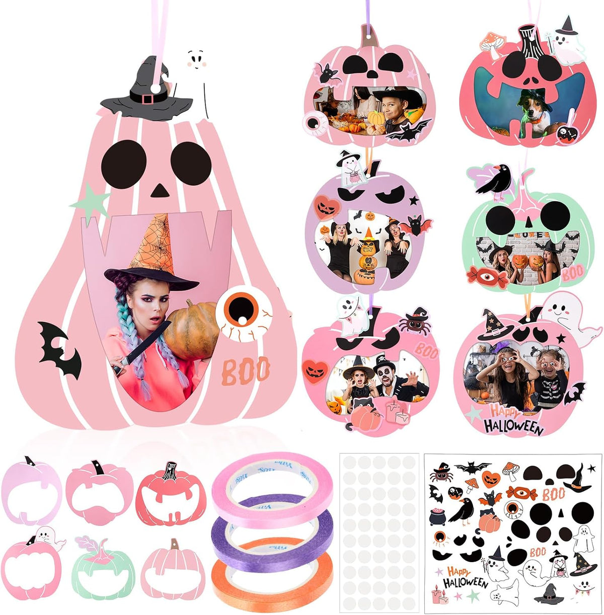 AmazingSpark 25 Pcs Halloween Picture Frame Craft Kits DIY Pumpkin Photo Frames with Halloween Stickers Hanging Pumpkin Picture Crafts for Home Party Activities Decoration