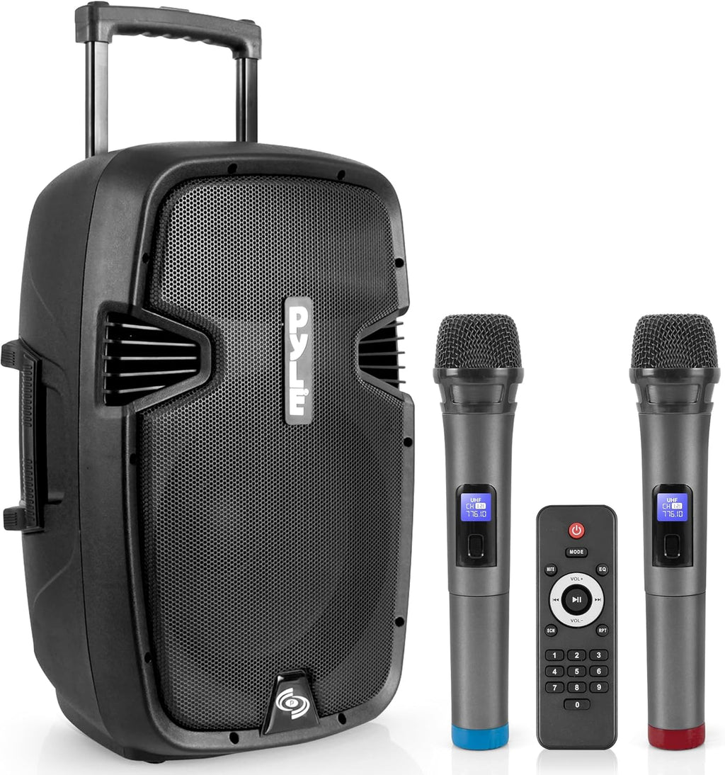 Pyle Portable Bluetooth PA Speaker System - 1000W Wireless Karaoke Loudspeaker with 12” Subwoofer, USB/SD/MP3/FM - Includes Dual UHF Mics, Remote, Rolling Wheels - Ideal for Parties, Events, Outdoors