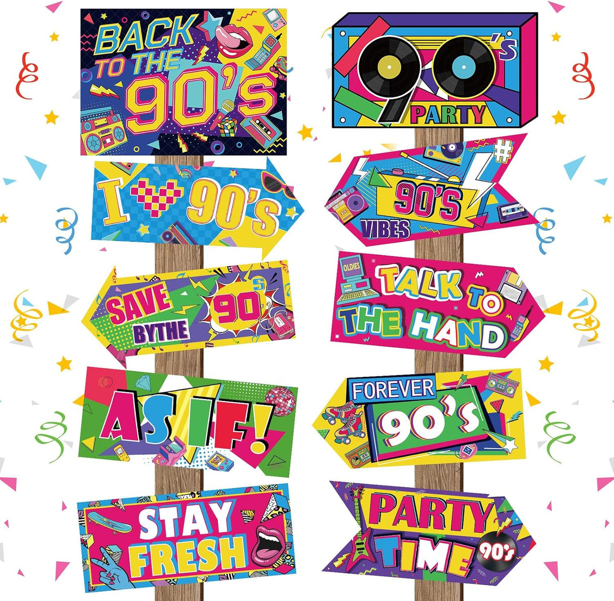 Hooqict 20 Pieces 90s Party Decorations Sign Retro Hip Hop Party Sign for Back to The 90s Adults Neon Throwback Birthday Party Supplies