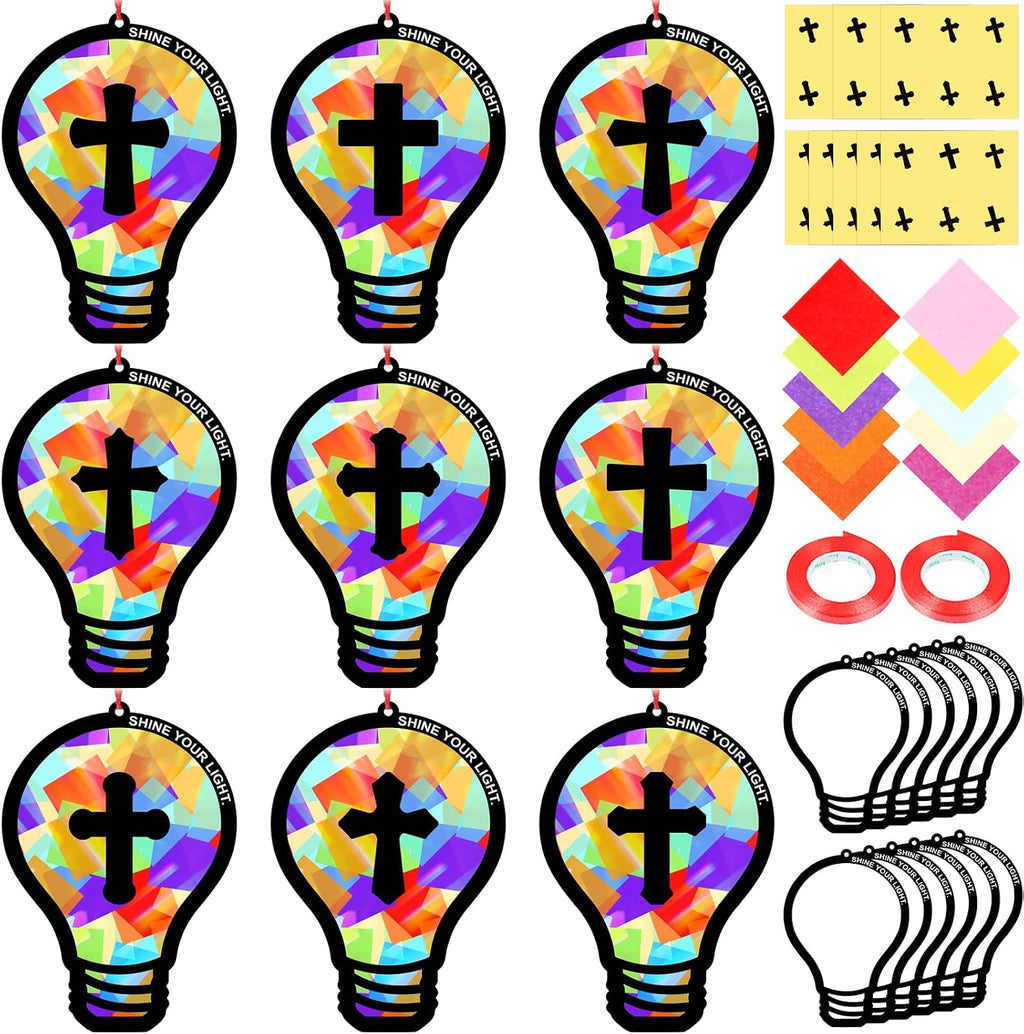 Renbuzhu 48PCS Sunday School VBS Crafts Bulk: Paper Lightbulb Cross Nativity Suncatchers, Jesus Religious Christian Activity DIY Kits Church Decorations, Window Stained Glass Effect Art Supplies