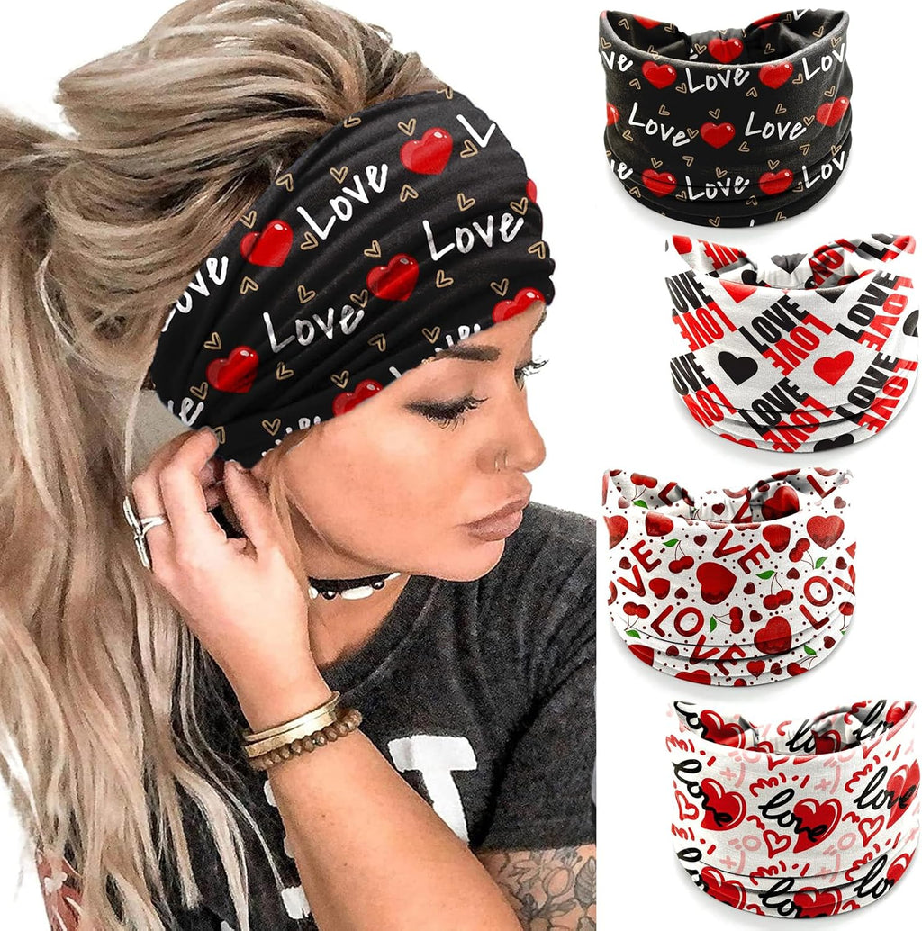 IDDFEVE 4Pcs Valentine's Day Headbands for Women - Red & Black Love Lettering Holiday Hair Bands, Festive Present Heart Hair Accessories