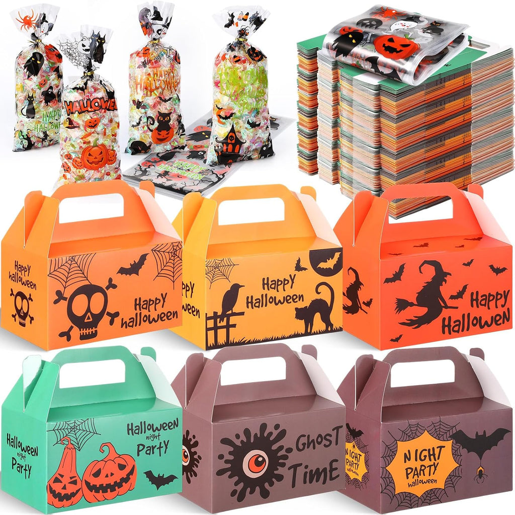 ReliThick 80 Pack Halloween Treat Box with Cellophane Bags Trick or Treat Goodie Cookie Candy Boxes for Treats Pumpkin Halloween Bag for Party
