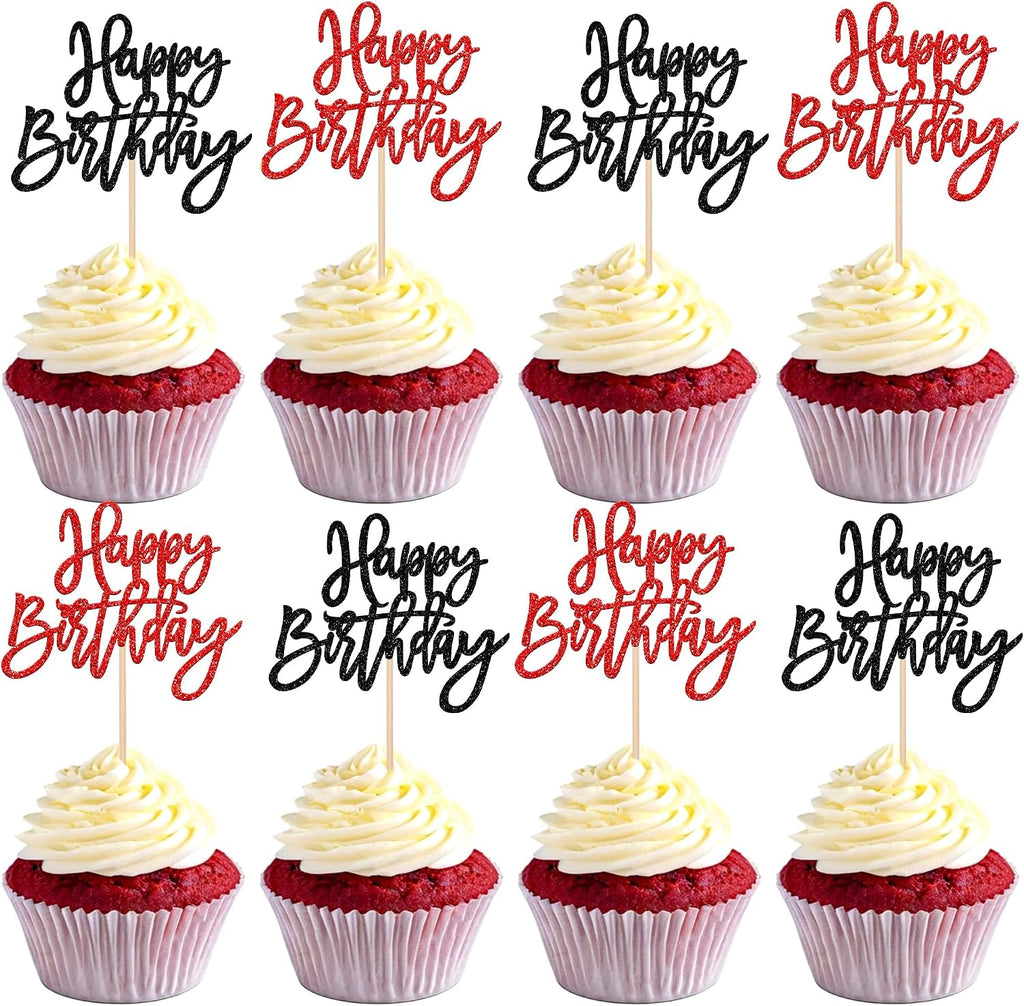 24 PCS Happy Birthday Cupcake Toppers Glitter Happy Birthday Cupcake Picks for Celebrating Anniversary Theme Party Cake Decorations Supplies Black Red