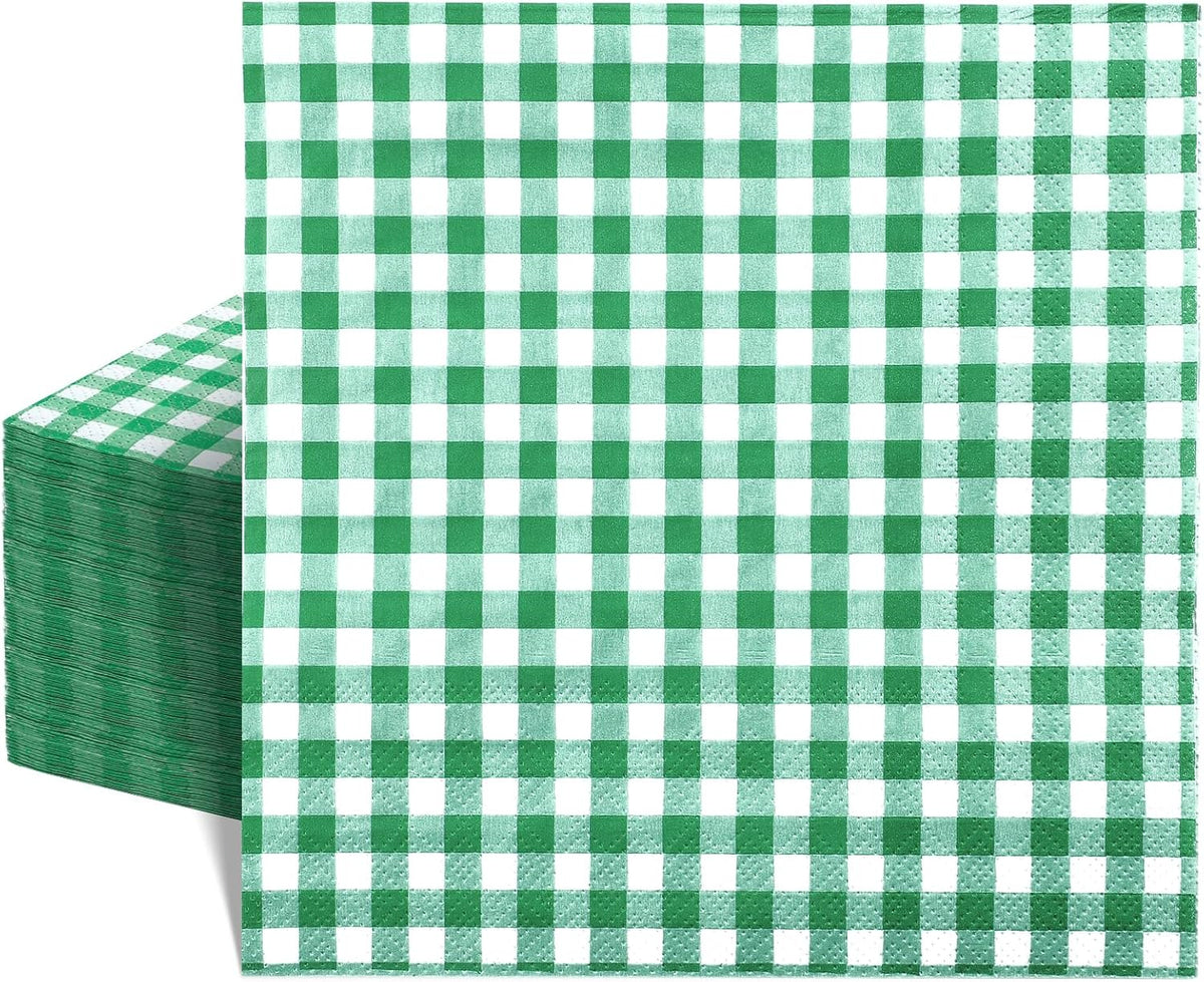 80 Pack Green Gingham Paper Napkins, 6.5 x 6.5 In, Disposable