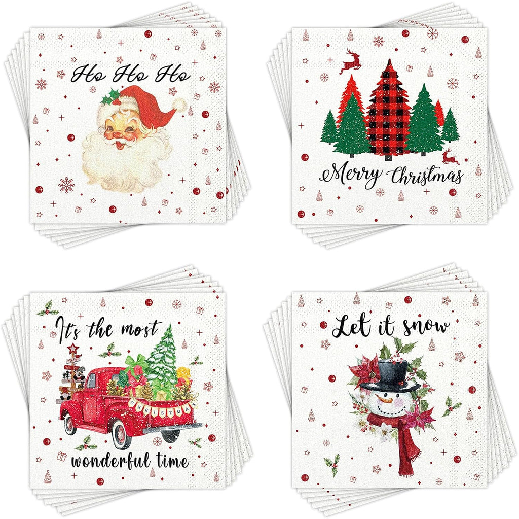 NatNarr 200 Pcs Christmas Cocktail Napkins, 5x5" Christmas Paper Napkins Xmas Tree Santa Snowman Decoupage Napkins Disposable Holiday Napkins for Winter New Year Party