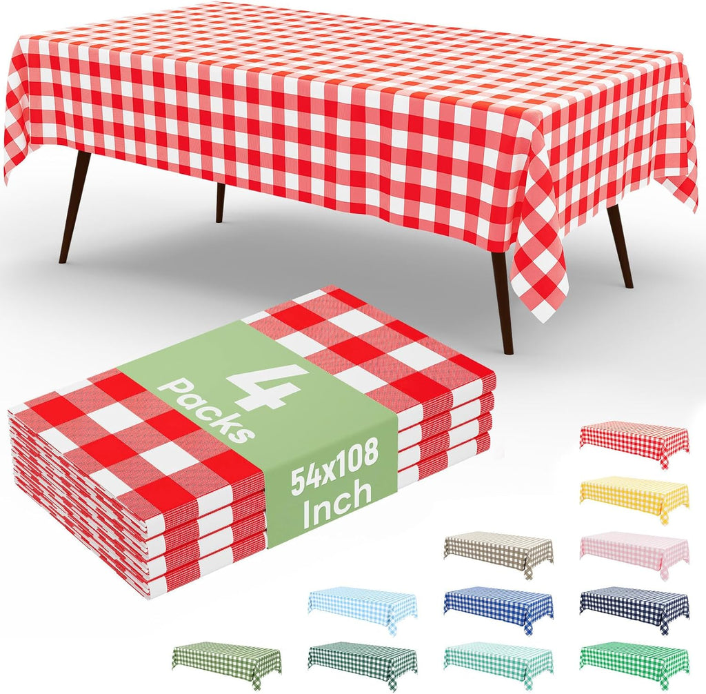 Gatherfun 3PCS Red White Gingham Rectangular Waterproof Tablecloth 54X108Inch Disposable Plastic Table Cover with Gold Stamping for Easter Picnic Barbecue Kitchen Holiday Birthday Party