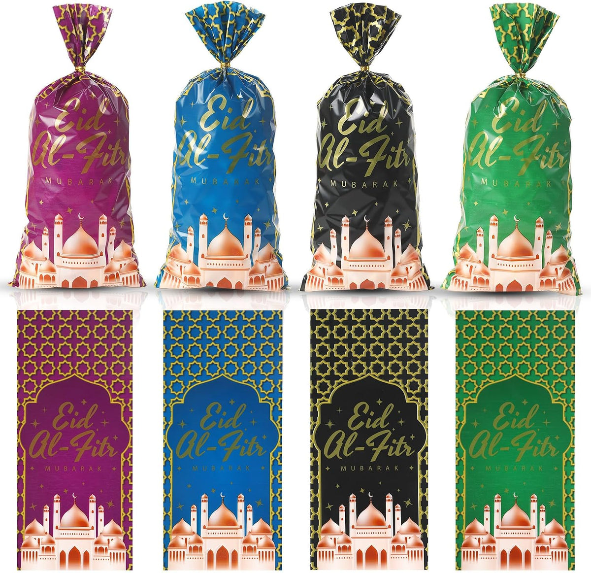 eowqeiur 100 PCS Eid Goodie Bags(5x11 Inch) with Ties for Candy Goodie Treat Snack Goody Cookie Small Gifts Wrap Ramadan Baggies Pouch Eid Mubarak Party Favors Supplies Decor