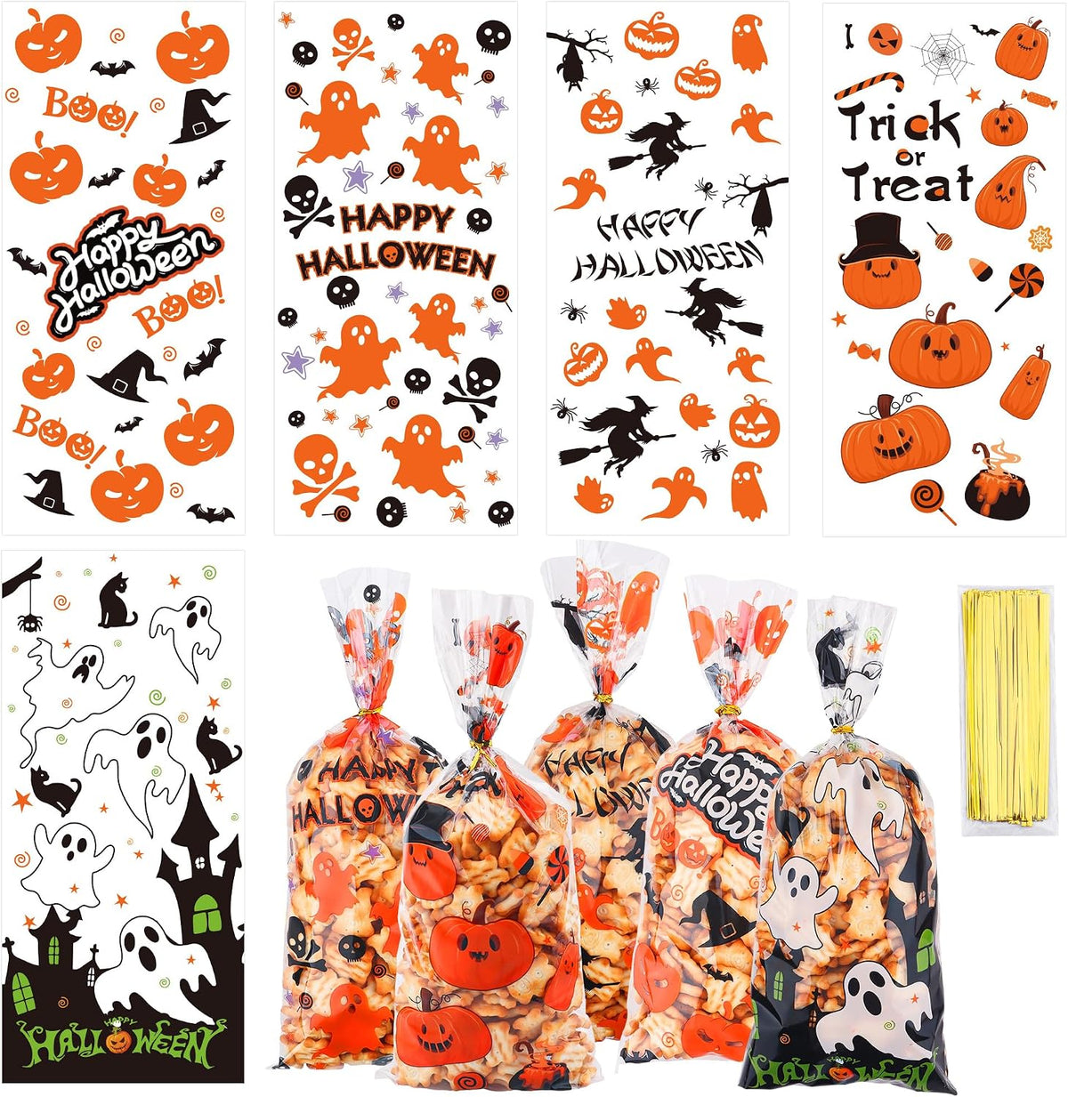 Halloween Cellophane Treat Bags, Halloween Candy Bags, Halloween Goodie Bags, Plastic Clear Goody Snack Cookie Packing Gift Bags with Ties for Kids Halloween Trick or Treat Party Favors Supplies,50Pcs
