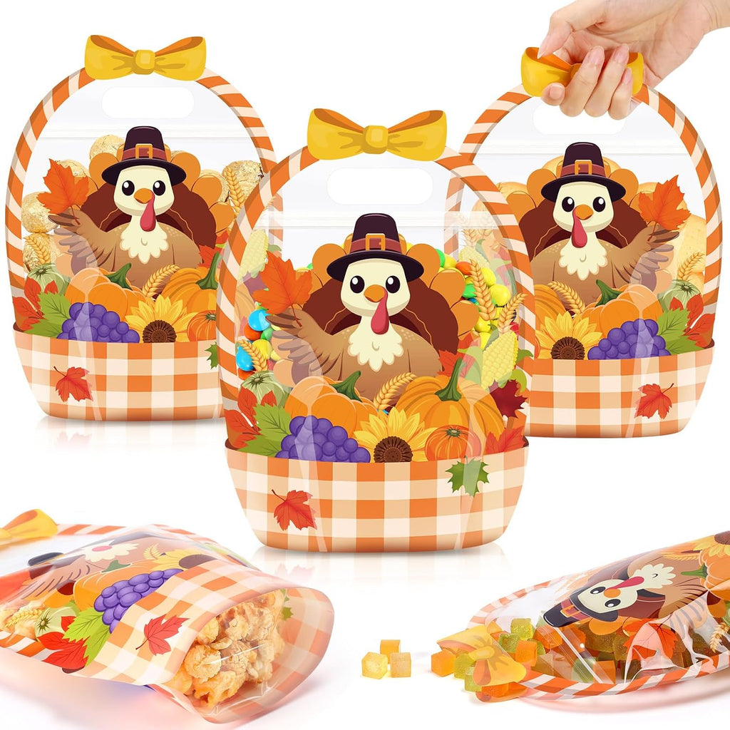 Fuutreo 12 Pcs Fall Treat Bags, Turkey Goodie Bags with Handles, Plastic
