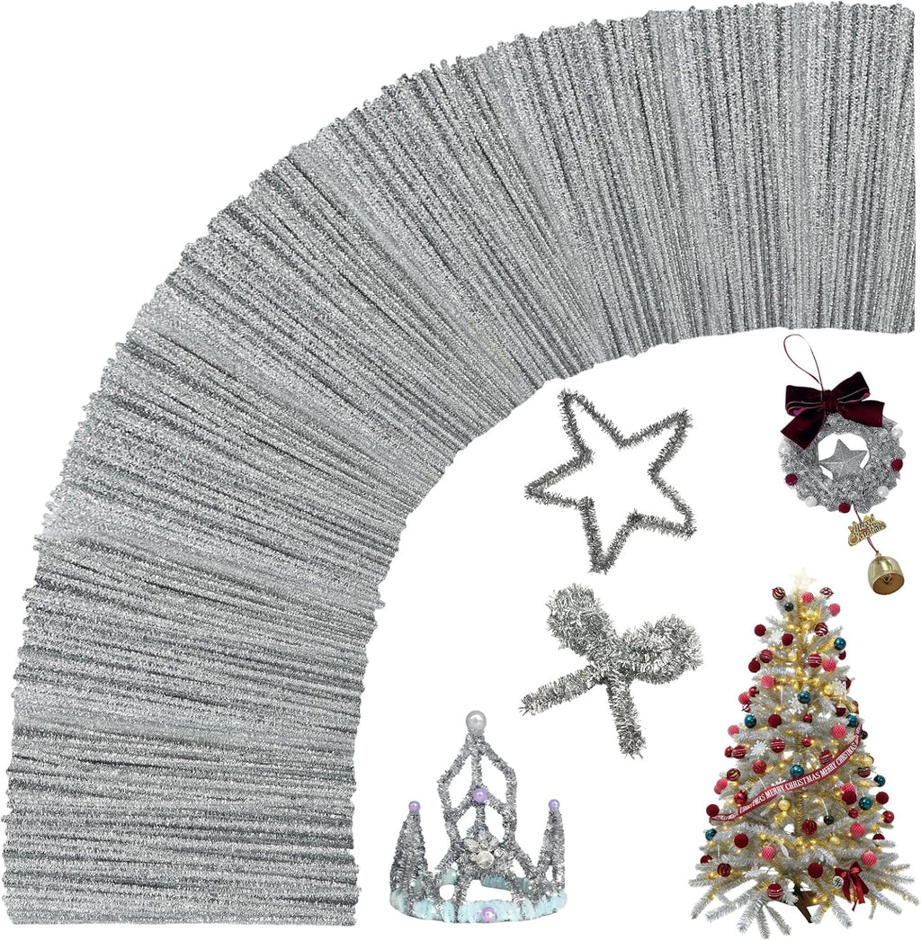 200Pcs Glitter Silver Pipe Cleaners Craft,Sparkly Pipe Cleaners,Art Aupplies Toys for Kids,DIY Craft Supplies for Halloween/Christmas Home Decor,Fidget Toys for Kids,Christmas Crafts for Girls 8-12