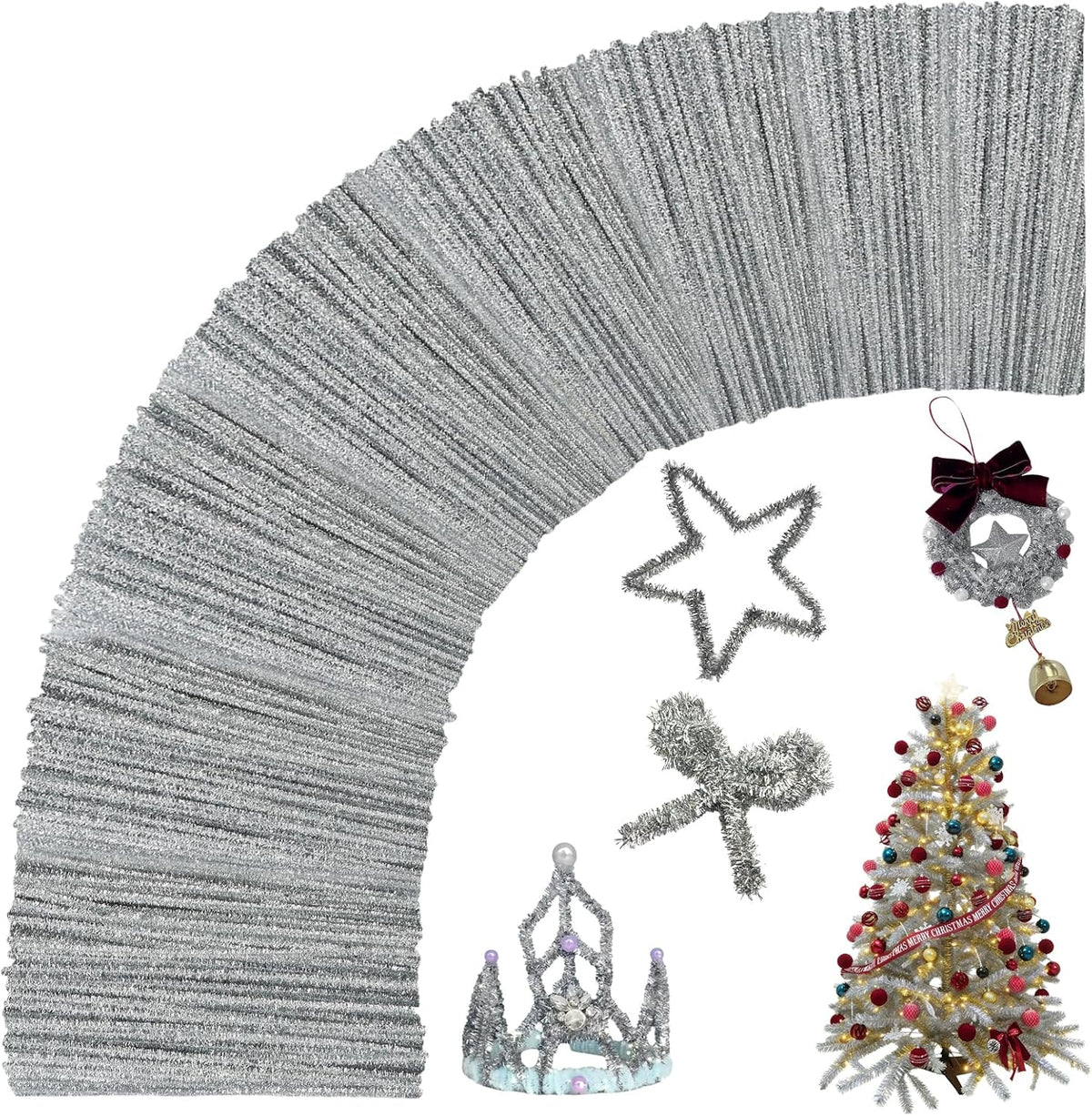 200Pcs Glitter Silver Pipe Cleaners Craft,Sparkly Pipe Cleaners,Art Aupplies Toys for Kids,DIY Craft Supplies for Halloween/Christmas Home Decor,Fidget Toys for Kids,Christmas Crafts for Girls 8-12