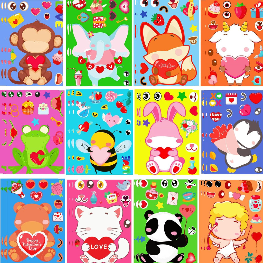 48 Sheets Valentine Stickers Crafts for Kids, Make a Face Sticker for Valentine's Day Activities Toddlers Kids Classroom Goodie Bag, DIY Valentine's Animal Stickers for Party Favors Decorations