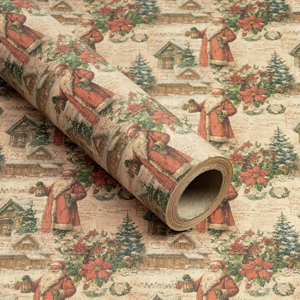 RUSPEPA Kraft Vintage Christmas Wrapping Paper Roll, Mini Roll, Classic Santa with Snowy Village & Poinsettia Design, Kraft Rustic Gift Wrap for Family, Holiday, Christmas, 17 Inches x 16.4 Feet