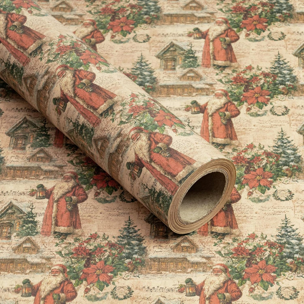 RUSPEPA Kraft Vintage Christmas Wrapping Paper Roll, Mini Roll, Classic Santa with Snowy Village & Poinsettia Design, Kraft Rustic Gift Wrap for Family, Holiday, Christmas, 17 Inches x 16.4 Feet